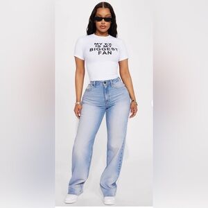 Fashion Nova Pink Tinted Straight Leg Jeans - 
High-Rise Light Blue Jeans.